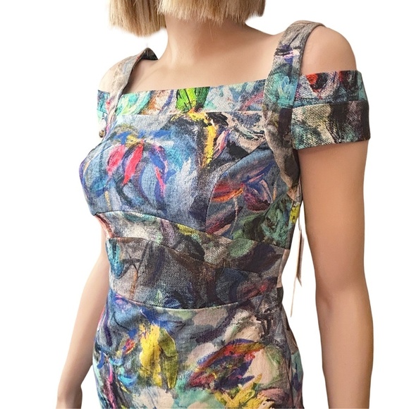Nicole Miller New York Wiggle Sheath Dress Cold Shoulder Abstract Floral Multi - Picture 6 of 16